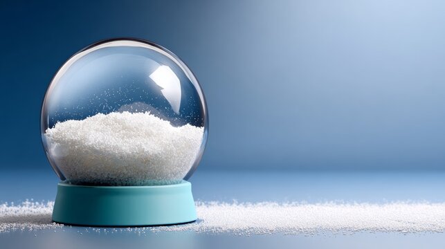 A snow globe with a blue base sits on a blue surface. The snow inside the globe is white and he is falling. Concept of calm and tranquility, as if the viewer is looking at a peaceful winter landscape - Powered by Adobe