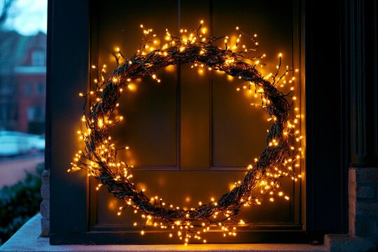 Twinkling fairy lights enhance a festive Christmas wreath on a cozy home entrance at night - Powered by Adobe