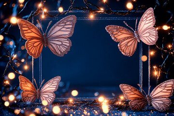 Delicate butterfly ornaments with glitter-dusted wings and glowing decorations create a whimsical atmosphere