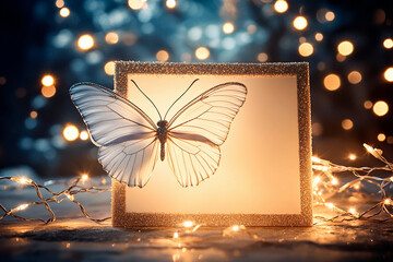 Delicate butterfly ornaments with glitter-dusted wings and glowing decorations create a whimsical atmosphere