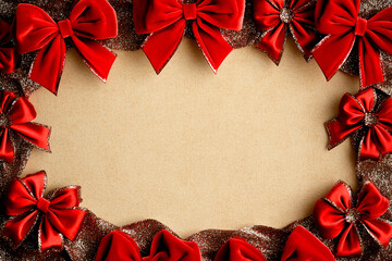 Festive arrangement with glittering red bows and velvet ribbons perfect for holiday greetings or celebration decorations