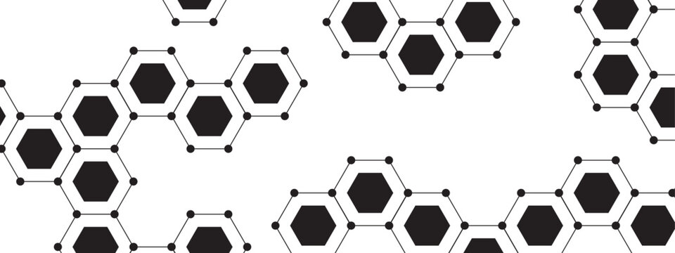 Abstract geometric hexagonal pattern with black, gray, and white hexagons connected by small dots and thin lines. Modern, minimalist, and scientific and technological aesthetic.