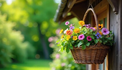 A charming woven basket hangs from a rustic wooden beam, overflowing with lush greenery and vibrant wildflowers Perfect for spring, summer, or garden themes , botany, closeup