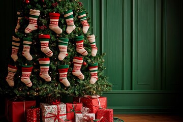 Christmas tree decorated entirely with colorful socks and surrounded by wrapped gifts