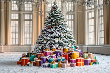 Snow-covered Christmas tree adorned with colorful decorations in a grand hall filled with festive gifts