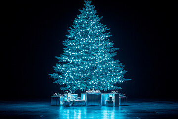 Christmas tree illuminated by cool blue LED lights with wrapped presents underneath