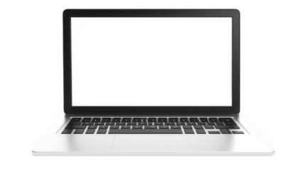 Modern silver laptop with a blank white screen against a stark on transparent background