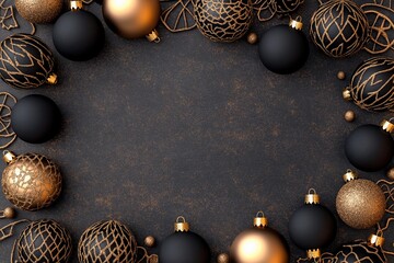 Elegant matte black and gold ornaments arranged on dark surface create festive atmosphere for holidays