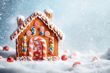Swirling snow creates a magical atmosphere around a festive gingerbread house in a winter wonderland setting