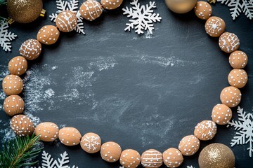 Hand-carved and painted wooden beads arranged with snowflakes on a textured blue background