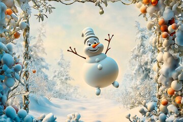 Cartoon snowman with exaggerated features joyfully hopping in a snowy winter landscape