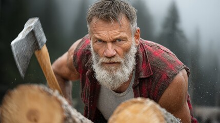 A man with a beard and mustache is holding an axe and standing in front of two logs. He looks angry and determined
