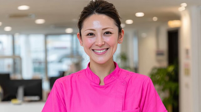 A woman in a pink uniform is smiling for the camera. She is wearing a pink shirt and a pink apron