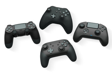 Wireless gaming controllers flying in air isolated on white background, symbolizing gaming technology concept