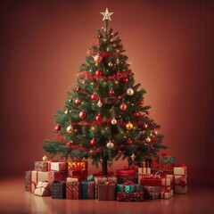 A festive Christmas tree decorated with red and gold ornaments, glowing lights, and a star topper, surrounded by beautifully wrapped gifts. Perfect for holiday and winter celebration themes.