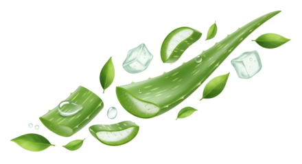 Sliced aloe vera leaves with ice cubes and green leaves on black plant succulent