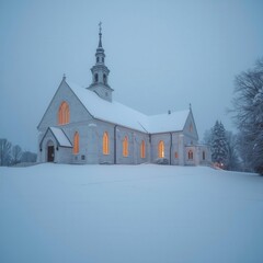 Beautiful old church with glowing windows surrounded by snow in a peaceful winter landscape during a cold evening