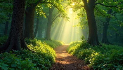 Obraz premium Sun-dappled forest path winding through ancient woods, sunlight filtering through leaves, creating a magical atmosphere Perfect for fantasy, nature, and fairytale themes , wild, backdrop