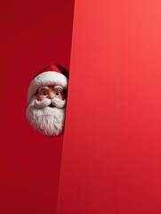 Santa Claus peeking over a red surface with white beard, and red hat against a solid red background. Bold festive illustration with playful style and strong backdrop contrast.