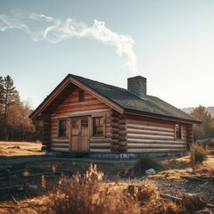 A warm wooden log cabin with smoke rising from the chimney, surrounded by nature and morning sunlight. Perfect for travel, nature, relaxation, and countryside lifestyle themes.