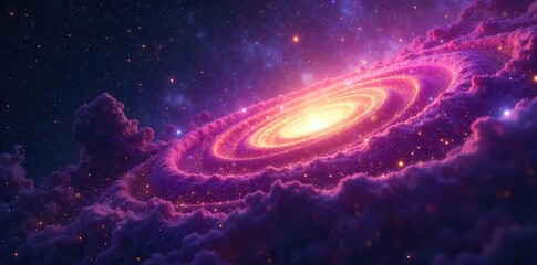 Naklejka premium A swirling nebula of ethereal purple and gold dusts across a deep black void, hinting at ancient cosmic mysteries and untold celestial wonders , light, cosmic, gold