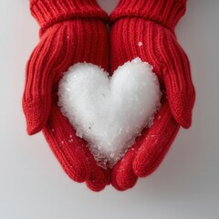 Hands in red knitted gloves holding a white heart-shaped snowball symbolizing love, warmth, and winter holiday romance