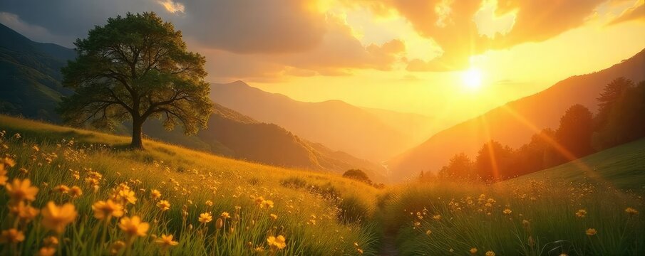 Serene landscape bathed in golden sunlight, evoking a sense of spiritual peace and divine connection Perfect for themes of faith, meditation, and inner peace , oneness, spirituality, prayer