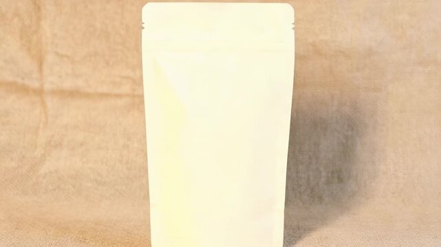 Blank White Stand Up Pouch Packaging With Zipper Closure On Textured Brown Background Studio Shot