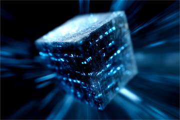 A futuristic, glowing cube with intricate patterns, set against a dynamic blue background, conveys a sense of technology and digital abstraction.