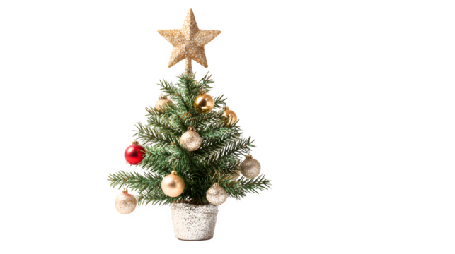 Small decorated Christmas tree, isolated on transparent background