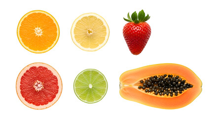 Sliced orange lemon grapefruit lime strawberry and papaya halves orange slice lemon slice