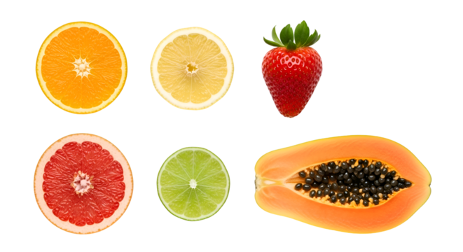 Sliced orange lemon grapefruit lime strawberry and papaya halves orange slice lemon slice
