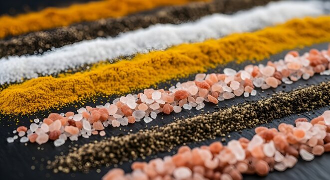 Straight lines of different colored spices and salts (turmeric, pepper, Himalayan salt) arranged on a dark surface. Represents cooking, flavor, variety, and culinary art.