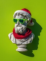 Classical marble bust of a bearded man wearing a Santa hat and scarf on a vivid green background. A fusion of ancient sculpture with festive elements, blending tradition, humor, and modern contrast.