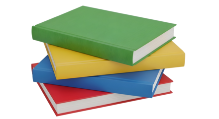 Stack of four colorful hardcover books green yellow blue red learning