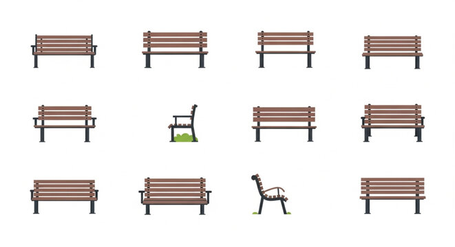 This image displays a collection of twelve vector icons of various park and street benches. The benches feature wooden slats and dark metal frames, presented in both front and side views.