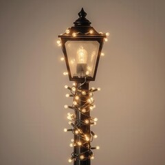 A vintage street lamp beautifully wrapped with warm yellow fairy lights, creating a cozy and festive atmosphere. Perfect for Christmas, winter holidays, and decorative lighting themes.