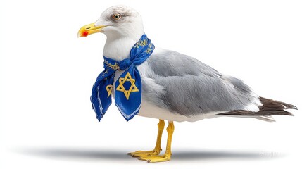 A seagull wearing a blue bandana with a Star of David on it. The bird is standing on a white background