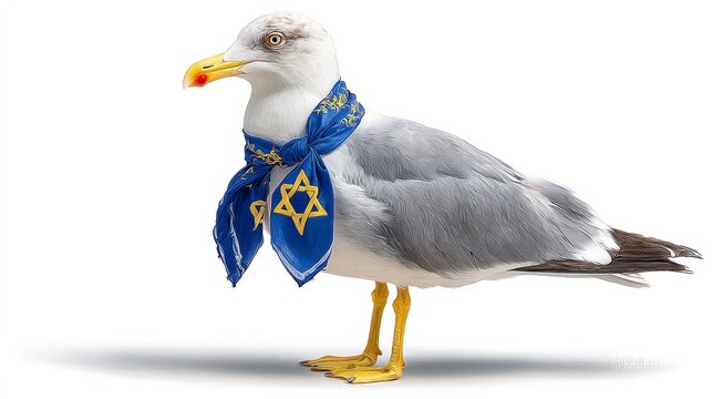 A seagull wearing a blue bandana with a Star of David on it. The bird is standing on a white background - Powered by Adobe