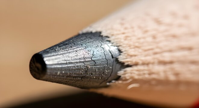 Macro shot focusing sharply on the graphite lead and wood casing of a perfectly sharpened wooden pencil. 