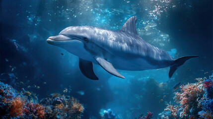 Fototapeta premium A vibrant underwater scene showcasing dolphins gracefully swimming through a lush kelp forest, sunlight streaming through the water, illuminating the swaying kelp and creating a serene marine paradise