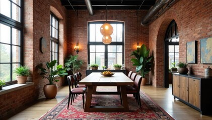 Fototapeta premium High-ceilinged loft dining room with exposed brick, large windows, and a rustic wooden dining table Industrial chic design, perfect for entertaining , contemporary, rustic
