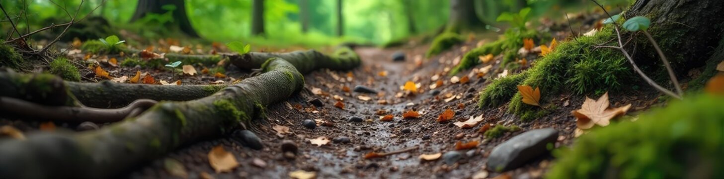 Fototapeta Close-up of exposed tree roots snaking across a forest trail, damp earth and fallen leaves visible  Perfect for nature, hiking, and environmental themes ,  path,  adventure