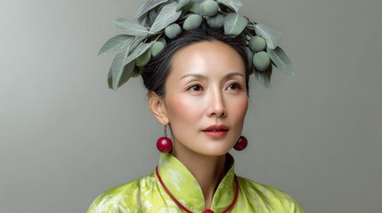 A woman wearing a green headdress and red earrings. She is looking at the camera. The image has a bright and cheerful mood