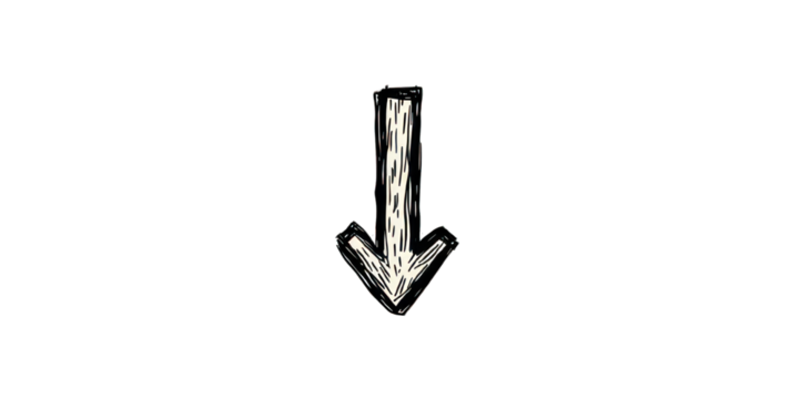 A stylized downward arrow illustration, featuring a hand-drawn appearance with a textured finish.