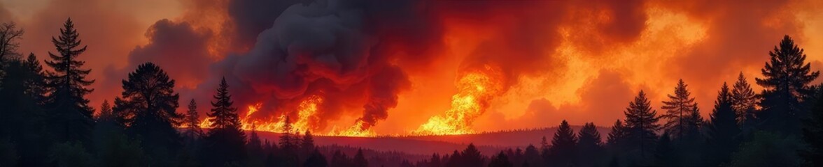 Naklejka premium Fiery orange and black smoke billows from a burning forest, trees engulfed in flames, creating a dramatic and chaotic scene of nature's destructive power , forest fire, towering flames
