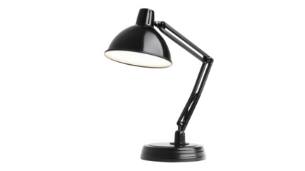 Black adjustable desk lamp illuminating a workspace against a on transparent background