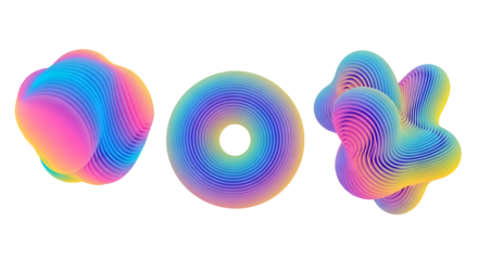 Three abstract 3 D gradient forms with layered textures on black shape