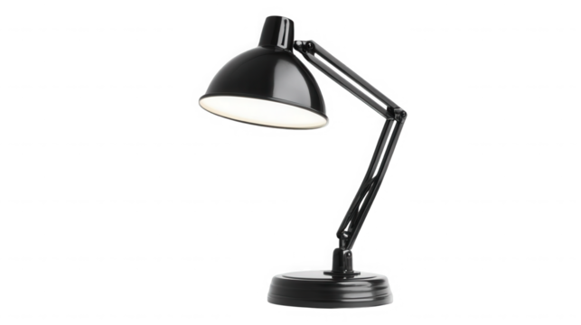 Black adjustable desk lamp illuminating a workspace against a on transparent background