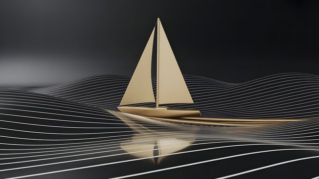 Golden luxury sailboat floating on dark reflective abstract ocean waves illustration - Powered by Adobe